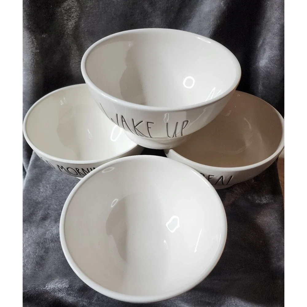 Rae Dunn Set of 4 Ceramic Cereal Bowls Sweet Wake Up Good Morning White